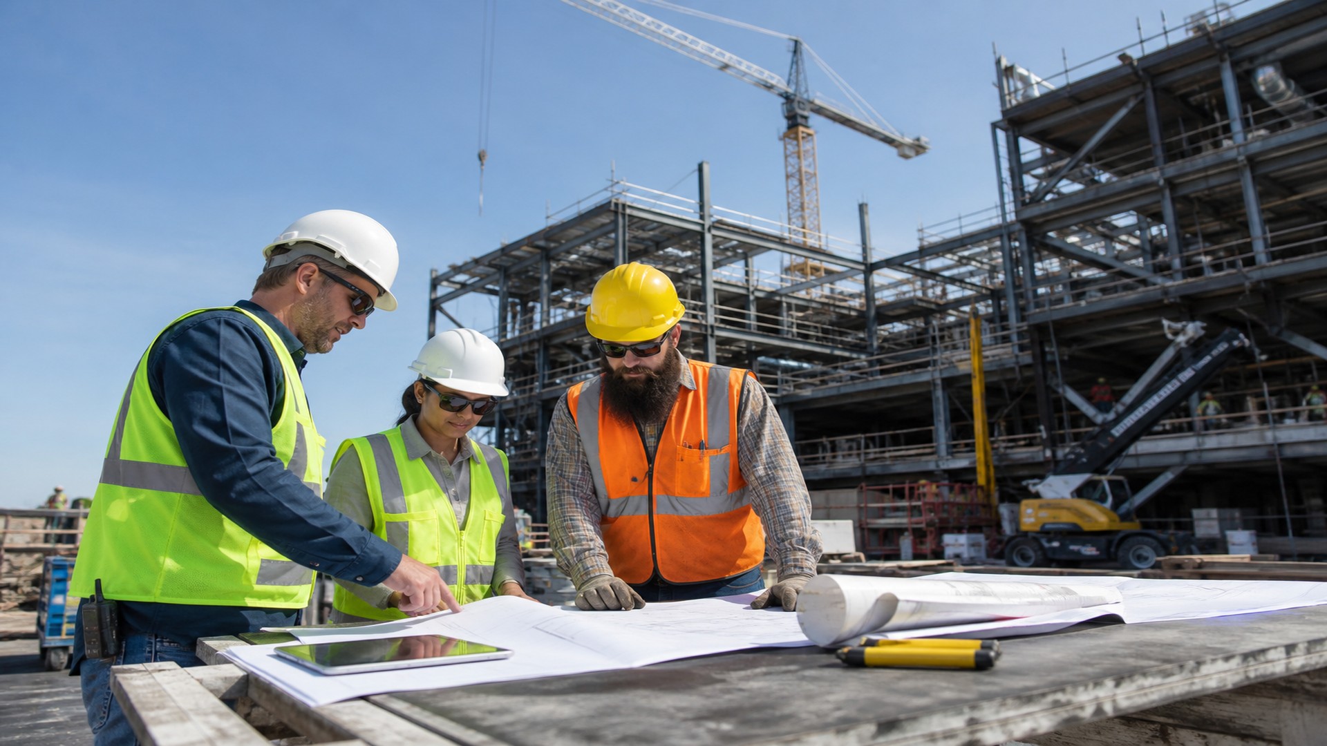 HSE consultants in PPE reviewing plans at a construction and EPC worksite with crane and steel frame