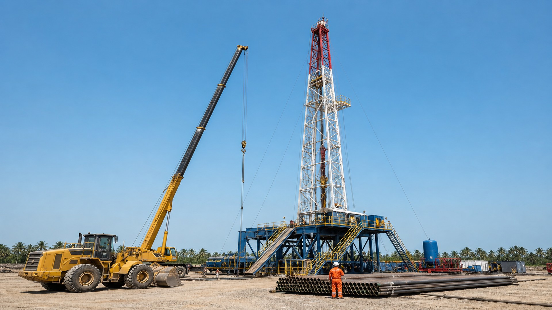 Onshore drilling site with industrial crane, derrick, and HSE personnel in PPE