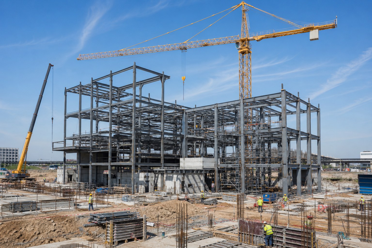 EPC construction and infrastructure site with crane and workers in PPE
