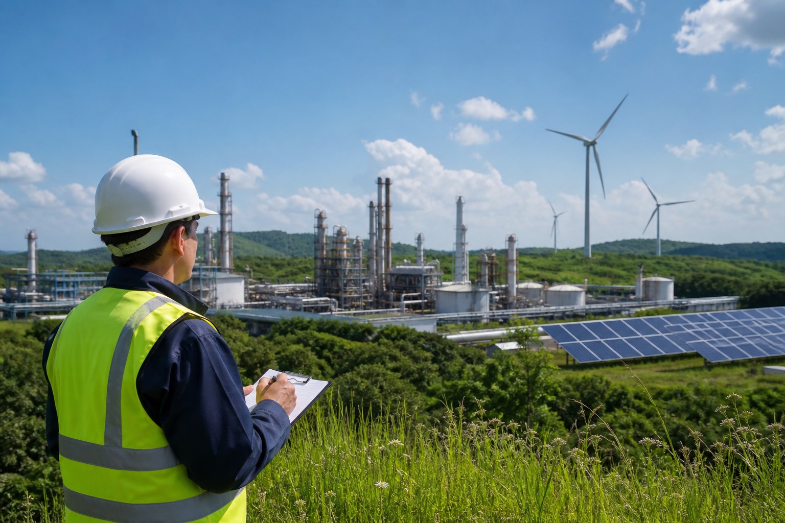 Industrial facility with environmental sustainability and renewable energy context