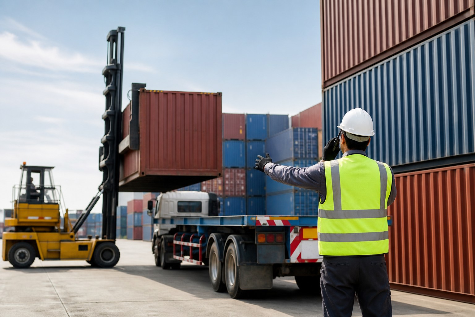 Logistics terminal with containers, truck operations, and HSE supervision