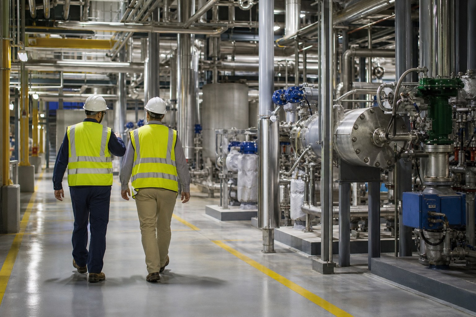 Industrial manufacturing plant with process equipment and HSE personnel