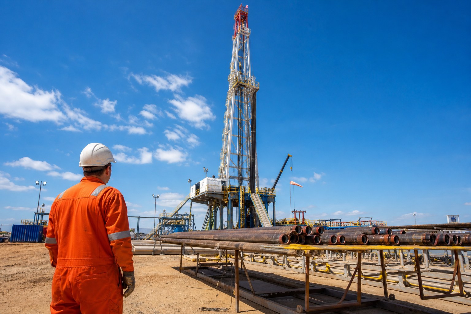 Onshore oil and gas drilling operations with HSE personnel in PPE