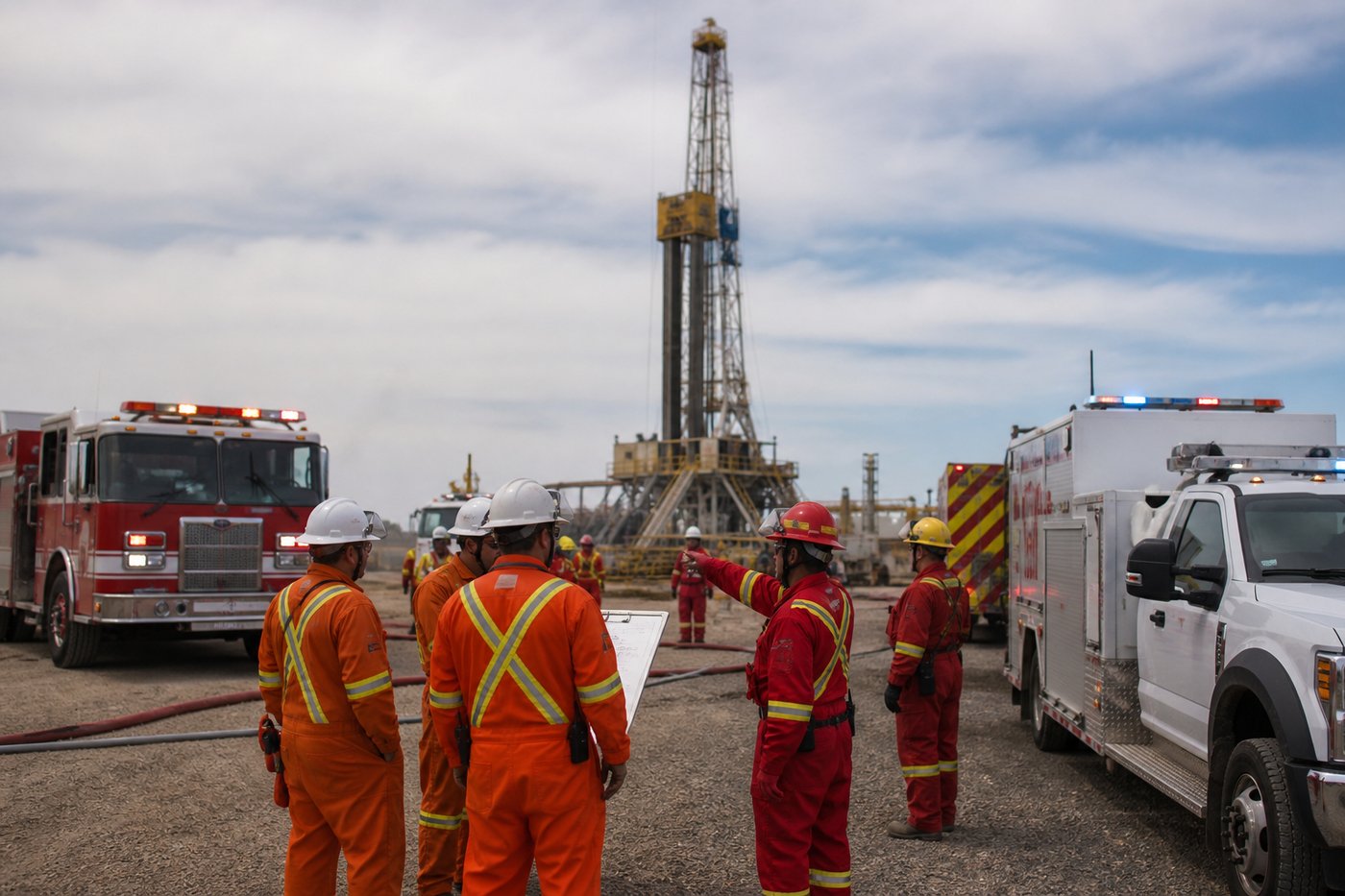 Emergency response drill with HSE incident command at an oil and gas site