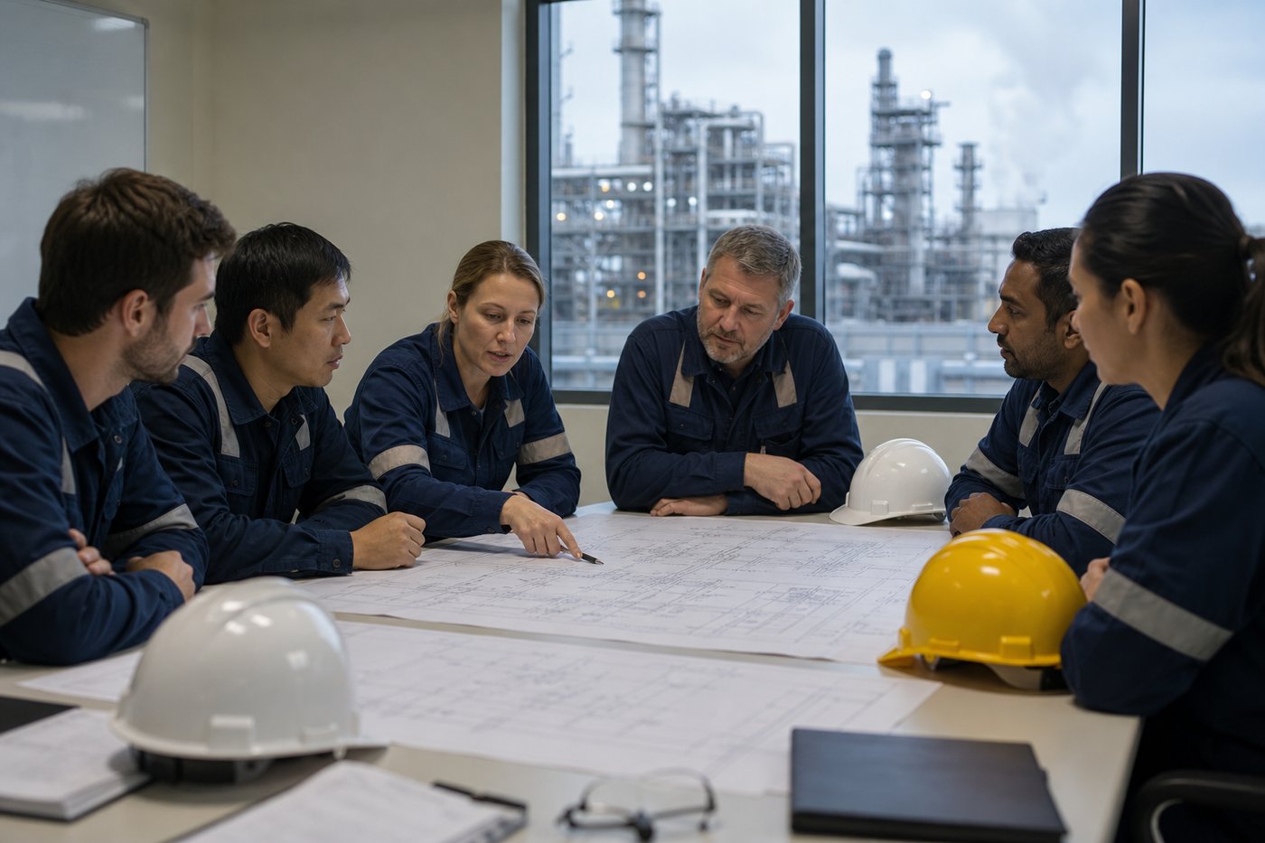 HAZOP risk assessment workshop with HSE engineers and process diagrams
