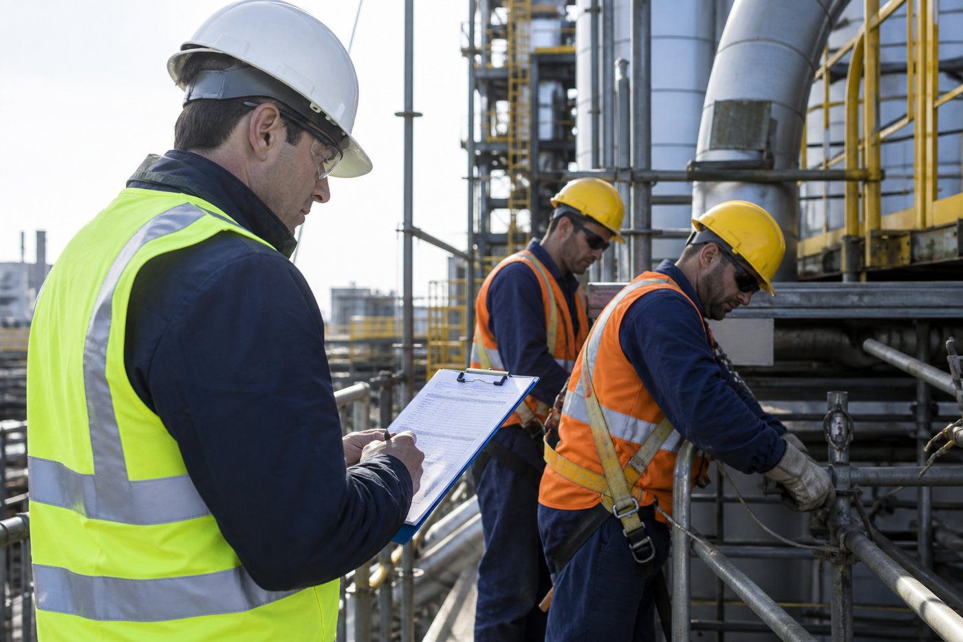 Contractor HSE governance site inspection with clipboard and PPE