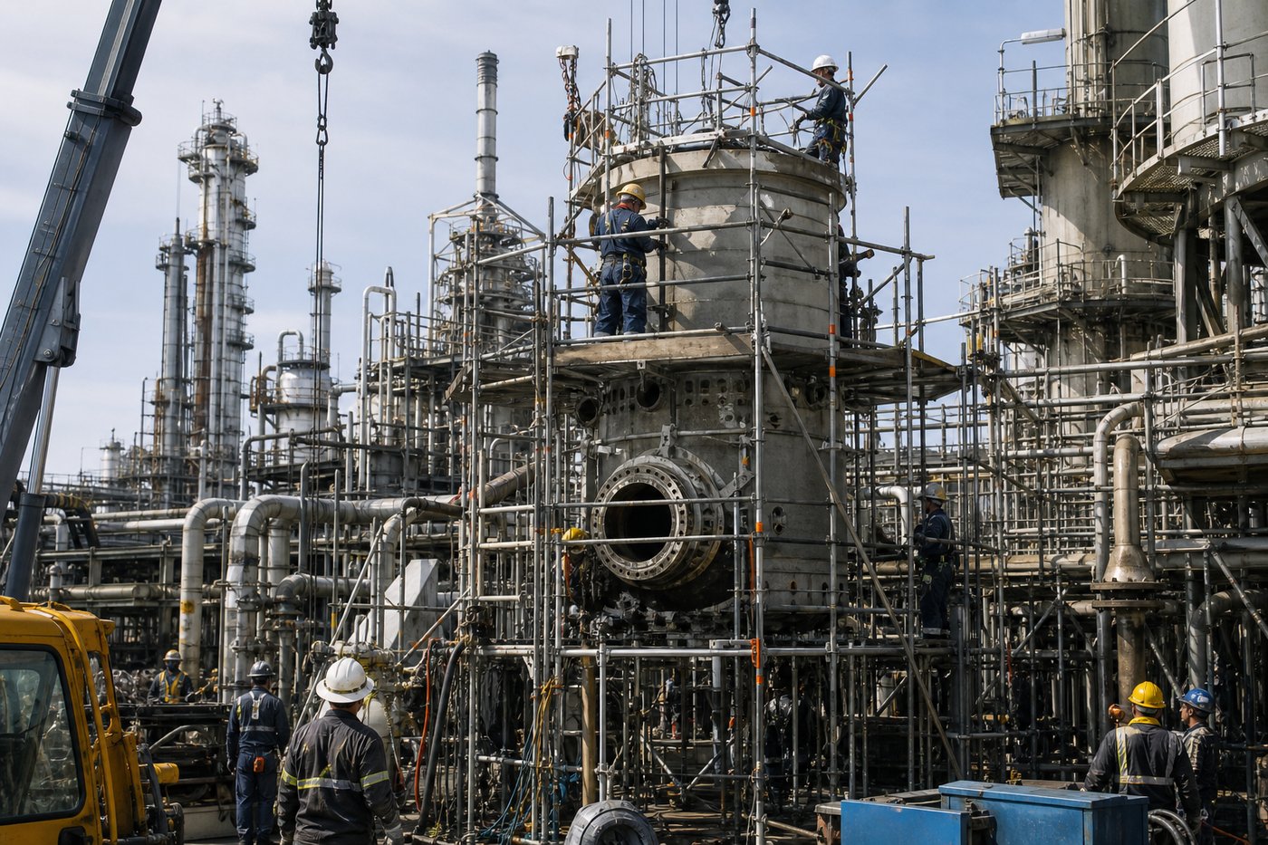 Refinery shutdown and turnaround maintenance with scaffolding and PPE