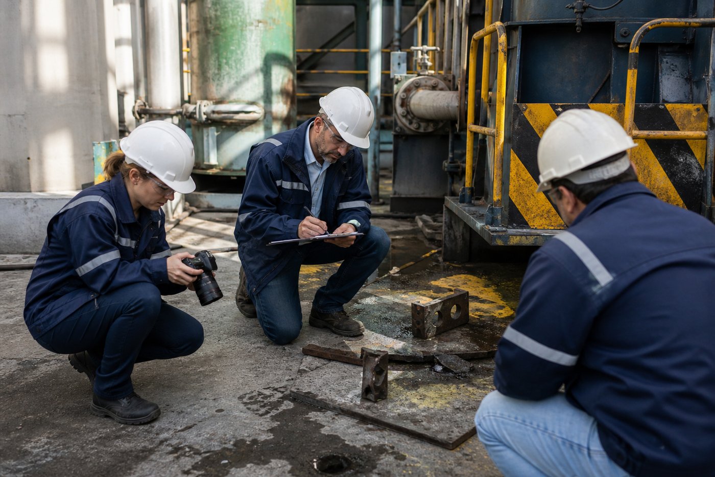 HSE incident investigation team examining evidence at an industrial site