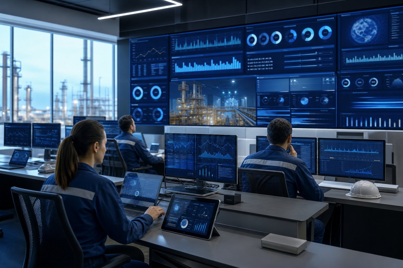 Digital QHSE operations centre with HSE dashboard screens and analytics