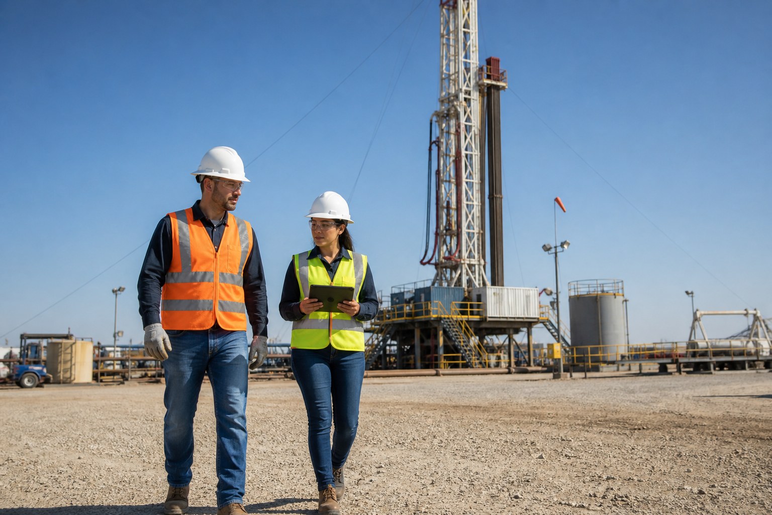 HSE field inspectors in PPE at an onshore drilling site