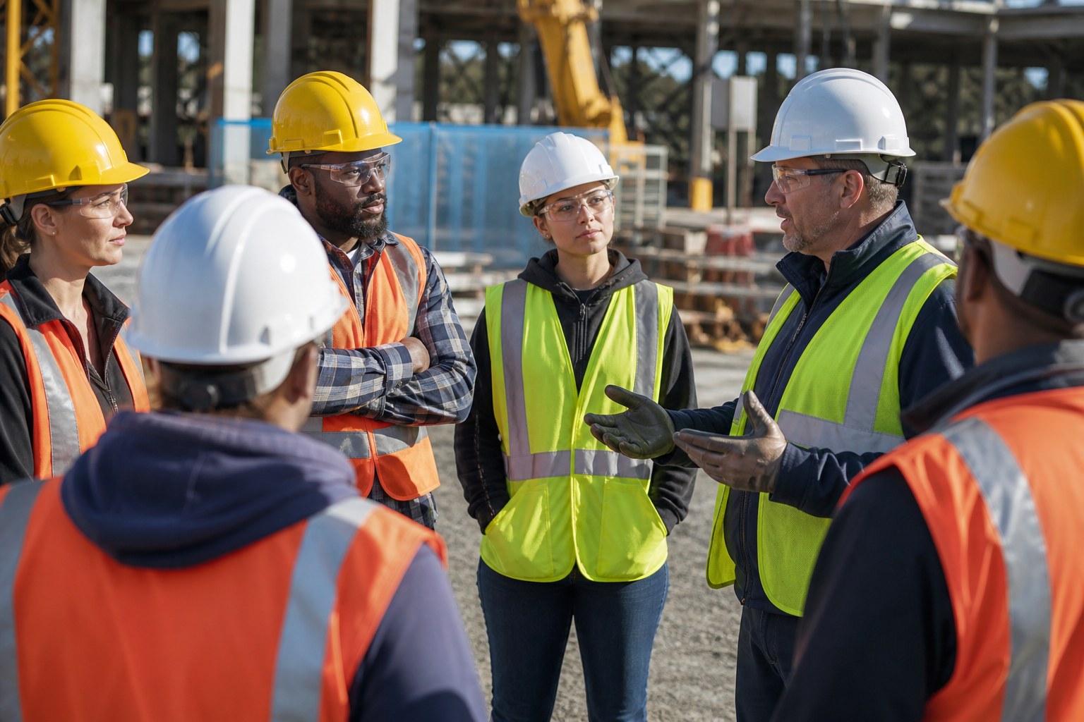 People-centred HSE culture toolbox talk with workers in PPE